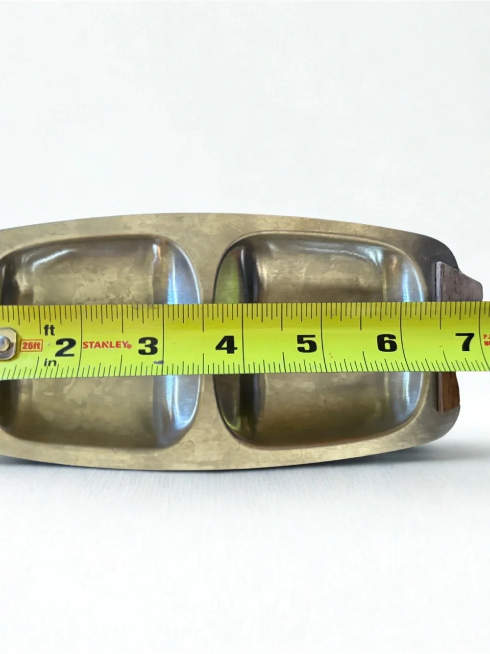 Vintage MCM Stainless Steel Divided Serving Tray Wood Handles Relish Ring Dish